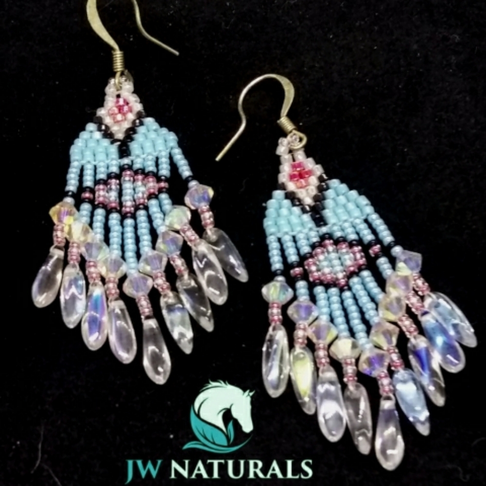 🔥SOLD🔥 at Comanche Pow Wow Handmade Swarovski Turquoise Pink Earrings - Picture 2 of 7